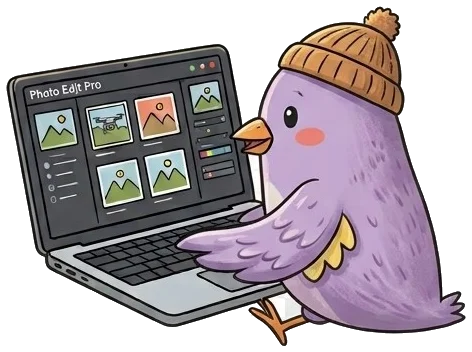 Ilustración: pájaro con un portátil editando vídeo
